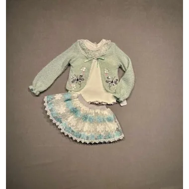 1-2-3 Yaş Brode Etekli Örme Hırkalı Uzun Kollu Sweat 3lü Kız Çocuk Takımı