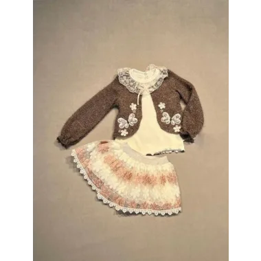 1-2-3 Yaş Brode Etekli Örme Hırkalı Uzun Kollu Sweat 3lü Kız Çocuk Takımı
