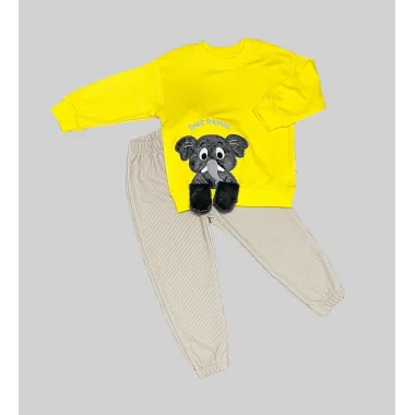 1-2-3 Yaş Filli Sallanan Ayak Desenli Likra Penye Kumaş Sweat Pantolonlu Kız Erkek 2li Çocuk Takımı