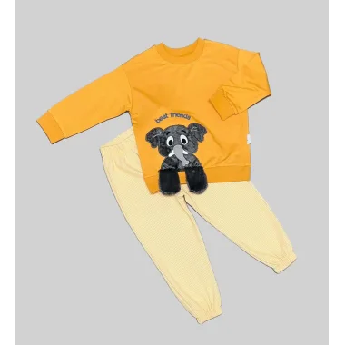 1-2-3 Yaş Filli Sallanan Ayak Desenli Likra Penye Kumaş Sweat Pantolonlu Kız Erkek 2li Çocuk Takımı