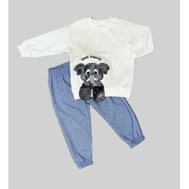 1-2-3 Yaş Filli Sallanan Ayak Desenli Likra Penye Kumaş Sweat Pantolonlu Kız Erkek 2li Çocuk Takımı