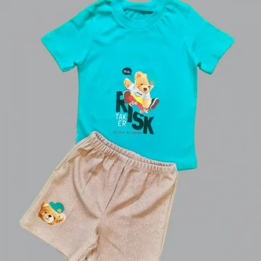 1-2-3 Yaş Kaykaycı Ayı Baskılı Şortlu Kısa Kollu Tişört 2li Erkek Bebek Takımı