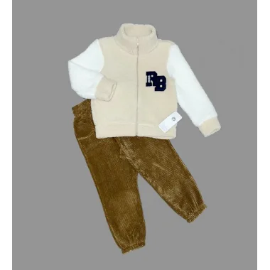 1-2-3 Yaş Kuzu Kumaş Fermuarlı Sweat Kadife Pantolonlu Uzun Kollu Kız Erkek Çocuk 2li Takım