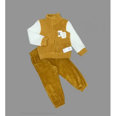 1-2-3 Yaş Kuzu Kumaş Fermuarlı Sweat Kadife Pantolonlu Uzun Kollu Kız Erkek Çocuk 2li Takım