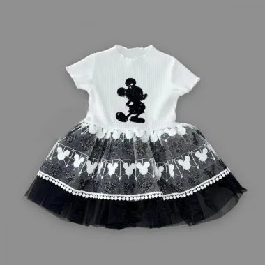 1-2-3 Yaş Payetli Mickey Baskılı Brode Etekli Kız Bebek Elbisesi