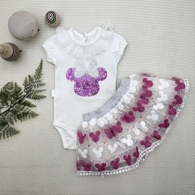 1-2-3 Yaş Payetli Mickey Nakışlı Kısa Kollu Brode Etekli 2li Kız Bebek Takımı