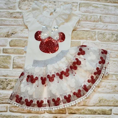 1-2-3 Yaş Payetli Mickey Nakışlı Kısa Kollu Brode Etekli 2li Kız Bebek Takımı