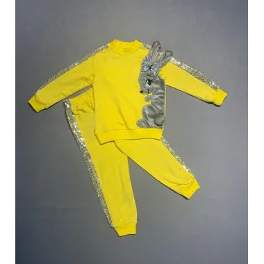 1-2-3 Yaş Payetli Pelüş Tavşan Desenli Likra Penye Kumaş Sweat Pantolonlu Kız 2li Çocuk Takımı