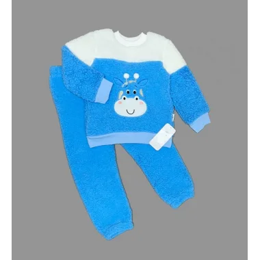 1-2-3 Yaş Ponponlu Zürafa Desenli Kuzu Kumaş Uzun Kollu 2li Kız Erkek Çocuk Takımı