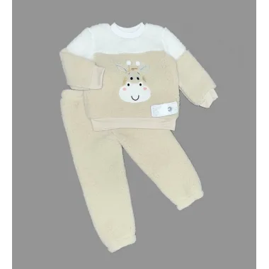 1-2-3 Yaş Ponponlu Zürafa Desenli Kuzu Kumaş Uzun Kollu 2li Kız Erkek Çocuk Takımı