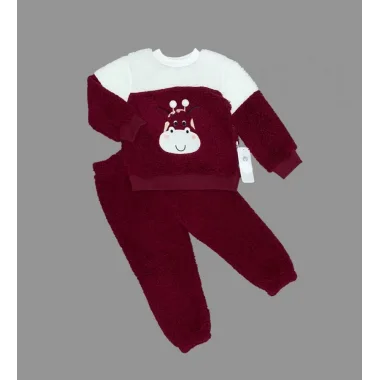 1-2-3 Yaş Ponponlu Zürafa Desenli Kuzu Kumaş Uzun Kollu 2li Kız Erkek Çocuk Takımı