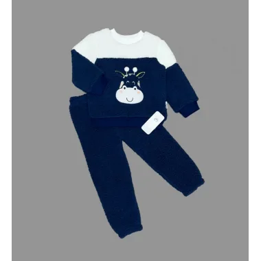 1-2-3 Yaş Ponponlu Zürafa Desenli Kuzu Kumaş Uzun Kollu 2li Kız Erkek Çocuk Takımı