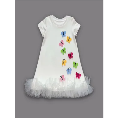 1-2-3 Yaş Renkli Kelebekler Nakışlı Eteği Fırfırlı Jile Çocuk Elbisesi