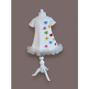 1-2-3 Yaş Renkli Kelebekler Nakışlı Eteği Fırfırlı Jile Çocuk Elbisesi