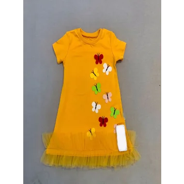 1-2-3 Yaş Renkli Kelebekler Nakışlı Eteği Fırfırlı Jile Çocuk Elbisesi