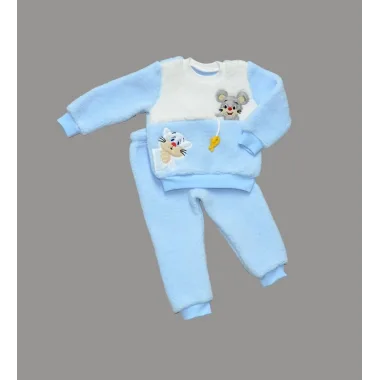 1-2-3 Yaş Sallanan Balık Nakışlı Kuzu Kumaş Sweat Pantolon Uzun Kollu Kız Erkek 2 Li Takımı