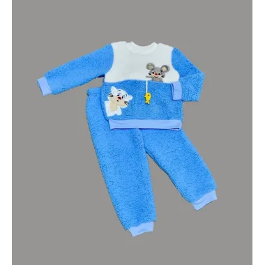 1-2-3 Yaş Sallanan Balık Nakışlı Kuzu Kumaş Sweat Pantolon Uzun Kollu Kız Erkek 2 Li Takımı