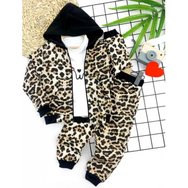 2-3-4-5 Yaş Kapşonlu Leopar Desenli Sweatli 3lü Kız Çocuk Takımı
