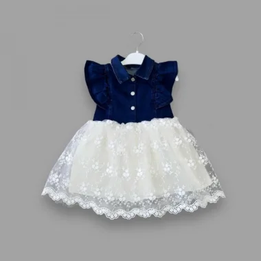 2-3-4 Yaş Astarlı Brode Etekli Kot Kumaş Düğmeli Kız Çocuk Elbisesi