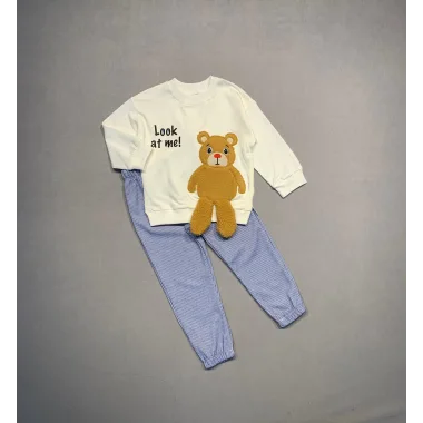 2-3-4 Yaş Ayıcık Sallanan Ayak Desenli Likra Penye Kumaş Sweat Pantolonlu Kız Erkek 2li Çocuk Takımı