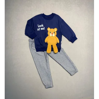 2-3-4 Yaş Ayıcık Sallanan Ayak Desenli Likra Penye Kumaş Sweat Pantolonlu Kız Erkek 2li Çocuk Takımı