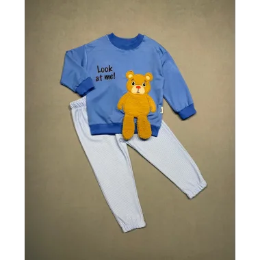 2-3-4 Yaş Ayıcık Sallanan Ayak Desenli Likra Penye Kumaş Sweat Pantolonlu Kız Erkek 2li Çocuk Takımı