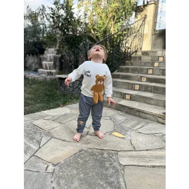 2-3-4 Yaş Ayıcık Sallanan Ayak Desenli Likra Penye Kumaş Sweat Pantolonlu Kız Erkek 2li Çocuk Takımı