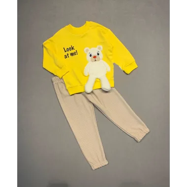 2-3-4 Yaş Ayıcık Sallanan Ayak Desenli Likra Penye Kumaş Sweat Pantolonlu Kız Erkek 2li Çocuk Takımı