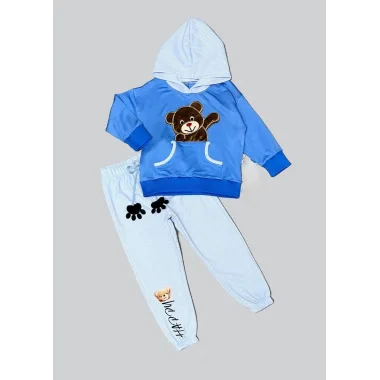 2-3-4 Yaş Pelüş Ayı Desenli Kapşonlu Uzun Kollu Penye Sweat 2li Erkek Çocuk Takımı