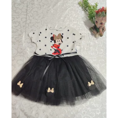 2-3-4 Yaş Puantiyeli Mickey Baskılı Kurdela Kuşaklı Astarlı Kız Bebek Tütü Elbisesi