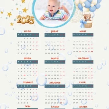 2025 Takvimi Kişiye Özel Erkek Bebek Uçan Balon Su Damlalı Tasarım