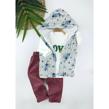 3-4-5-6 Yaş Kapşonlu Fermuarlı Çiçekli Şişme Yelek Sweat Pantolonlu 3lü Kız Erkek Çocuk Takımı