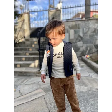 3-4-5 Yaş Fitilli Kadife Pantolon Kapitone Kapşonlu Yelek Uzun Kollu Sweat 3lü Erkek Çocuk Takımı