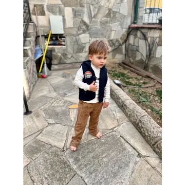 3-4-5 Yaş Fitilli Kadife Pantolon Kapitone Kapşonlu Yelek Uzun Kollu Sweat 3lü Erkek Çocuk Takımı