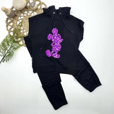 3-4-5 Yaş Kapşonlu Payetli Mickey Desenli Kısa Kol 2li Kız Erkek Çocuk Takımı