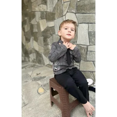 3-4-5 Yaş Kravatlı Keten Gömlek Gabardin Pantolon Uzun Kollu 3lü Erkek Çocuk Takımı