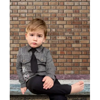 3-4-5 Yaş Kravatlı Keten Gömlek Gabardin Pantolon Uzun Kollu 3lü Erkek Çocuk Takımı