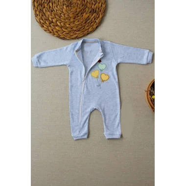 3-6 18-24 24-36 Ay Uçan Balonlar Nakışlı Ef Boy Fermuarlı Erkek Bebek Tulumu