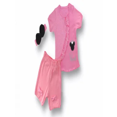 3-6 6-9 9-12 12-18 Ay Princess Taçlı Mickey Nakışlı Şort Tişört 3lü Kız Bebek Takımı