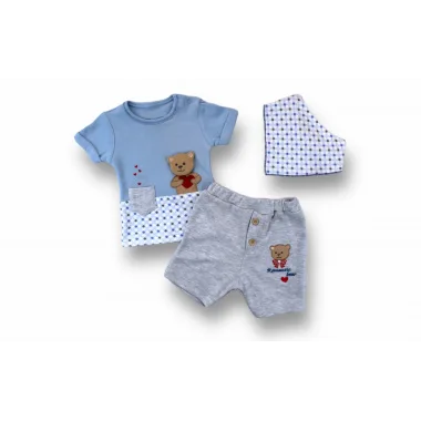 3-6 6-9 9-12 12-18 Ay Romantik Ayıcık Nakışlı Bandajlı Kısa Kollu Sweatli 3lü Kız-erkek Bebek Takımı