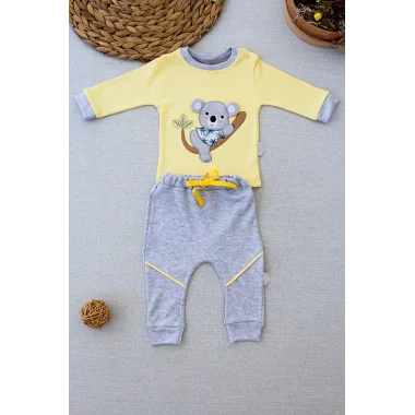 3-6 6-9 9-12 12-18 Ay Yavru Koala Nakışlı Uzun Kollu Sweat 2li Kız Erkek Bebek Takımı