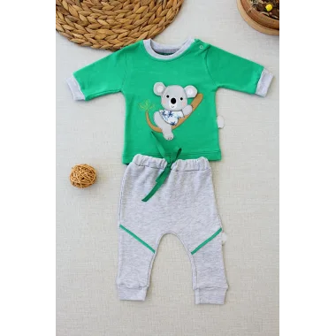 3-6 6-9 9-12 12-18 Ay Yavru Koala Nakışlı Uzun Kollu Sweat 2li Kız Erkek Bebek Takımı