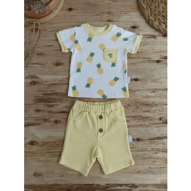 3-6 6-9 9-12 Ay Ananas Baskılı Şort Tişört 2 Li Kız Erkek Bebek Takımı