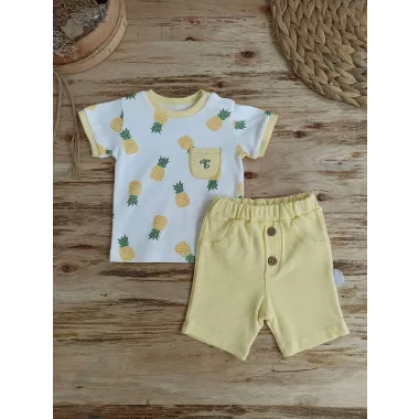 3-6 6-9 9-12 Ay Ananas Baskılı Şort Tişört 2 Li Kız Erkek Bebek Takımı