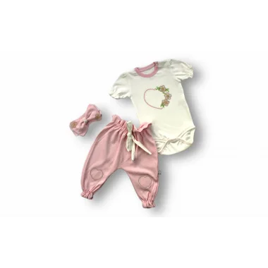 3-6 6-9 9-12 Ay Çiçekli Baharın Kalbi Nakışlı Bandanalı Kısa Kollu Zıbınlı 3lü Kız Bebek Takımı