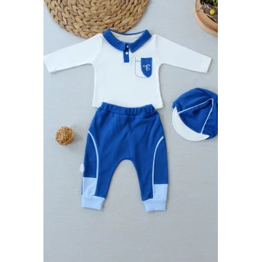 3-6 6-9 9-12 Ay Efendi Nakışlı Cep Şapkalı Uzun Kollu Sweat 3lü Erkek Bebek Takımı