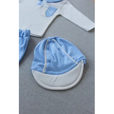 3-6 6-9 9-12 Ay Efendi Nakışlı Cep Şapkalı Uzun Kollu Sweat 3lü Erkek Bebek Takımı