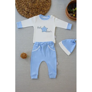 3-6 6-9 9-12 Ay Full Star Nakışlı Şapkalı Uzun Kollu Sweat 3lü Erkek Bebek Takımı