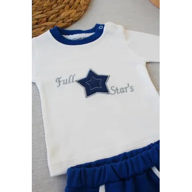 3-6 6-9 9-12 Ay Full Star Nakışlı Şapkalı Uzun Kollu Sweat 3lü Erkek Bebek Takımı