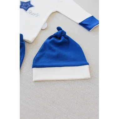 3-6 6-9 9-12 Ay Full Star Nakışlı Şapkalı Uzun Kollu Sweat 3lü Erkek Bebek Takımı